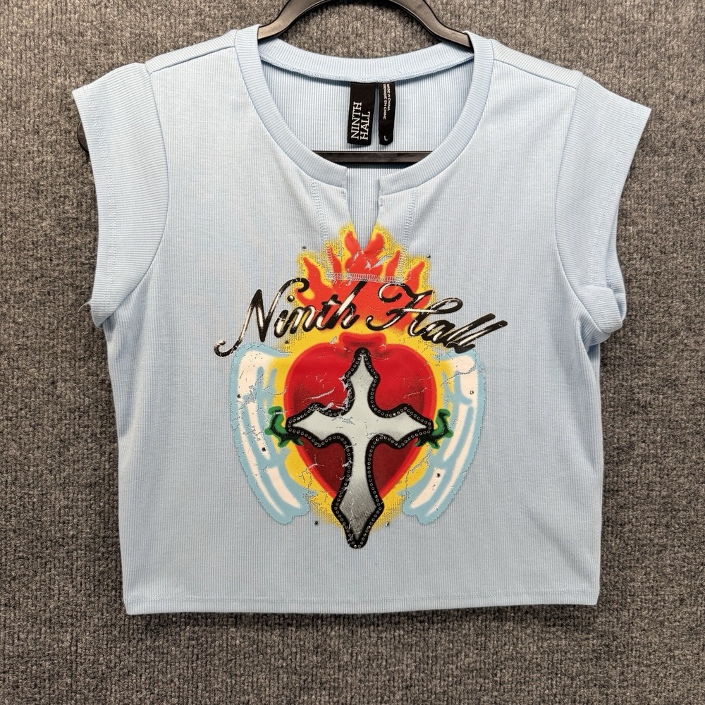 Ninth Hall Top Womens L Blue Cross Heart Graphic Cropped Ribbed 90s Grunge Biker